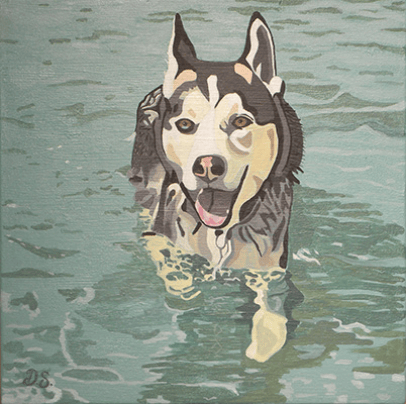 Husky swimming acrylic