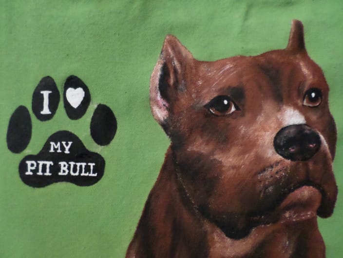 This is a beautiful Pit Bull I painted on a canvas tote bag.