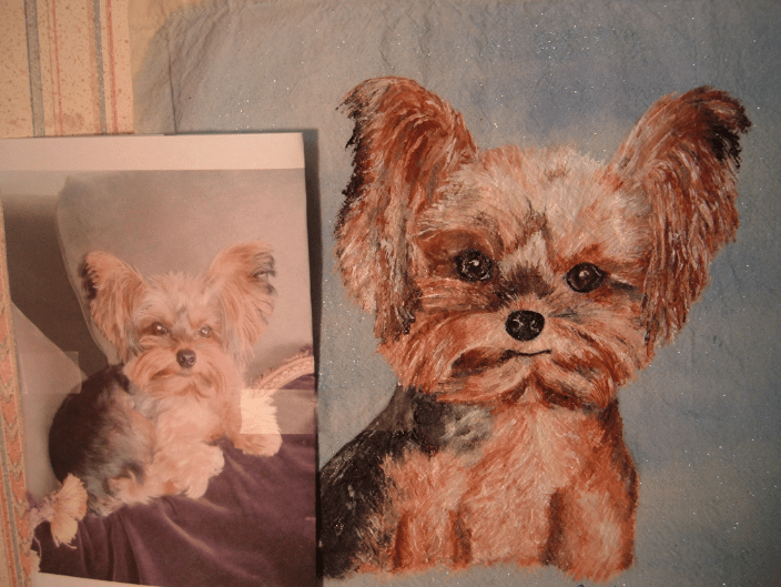 "Kona" on a canvas tote (actual pic beside her)