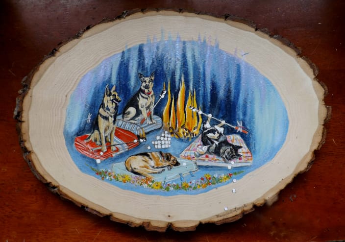 Your Dogs Glamping (acrylic on live edge basswood slice)