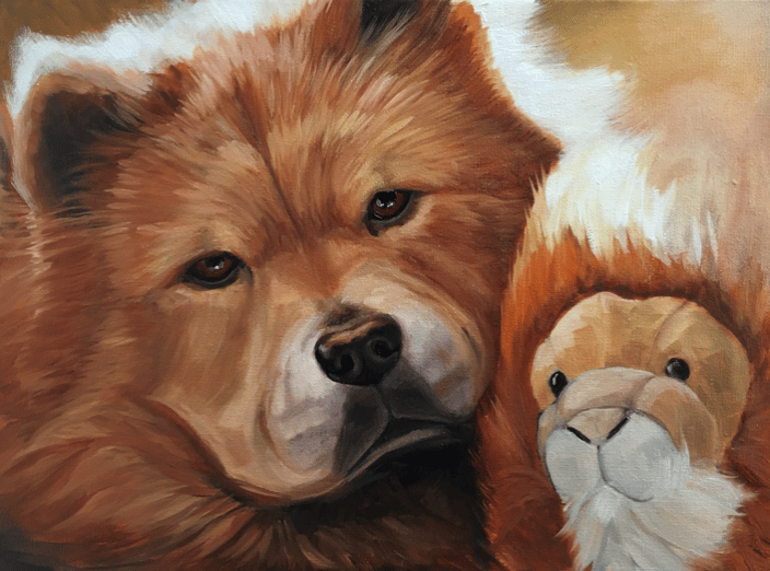 Pet Portrait of China the Chow-Chow with her stuffed animal