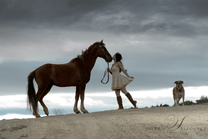 Girl with horse and dog