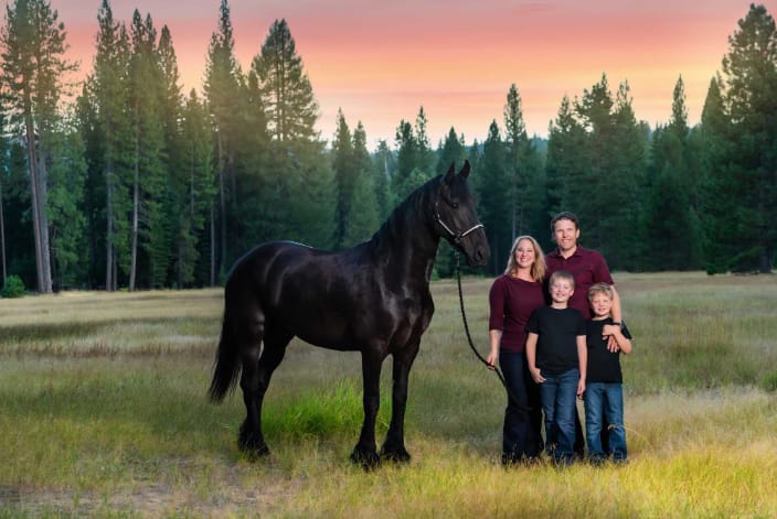 Family at sunset with Friesian