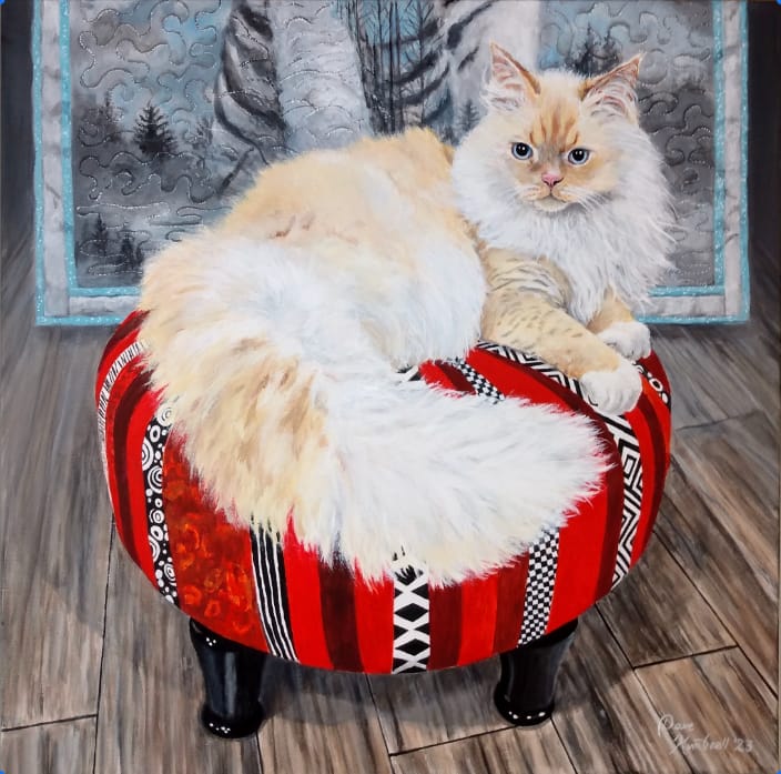 "Aiden" This client wanted to add to the painting her own personal quilting stool. I added a quilt of hers in the background as a surprise. I try and go beyond what is expected for my work.
