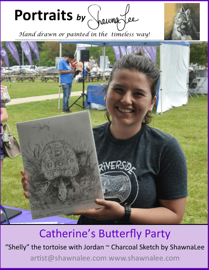 Shelly the tortoise with her handler Jordan at the Catherine Violet Hubbard Sanctuary's Butterfly Party in 2022.  Shelly was sketched from life in front of a growing crowd of onlookers!